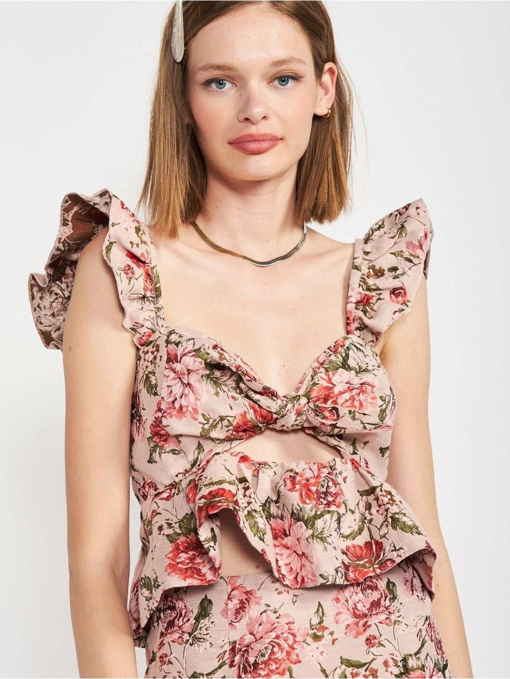 En Saison Floral Jacquard Bow Peplum Ruffle Top Pink XS NWT